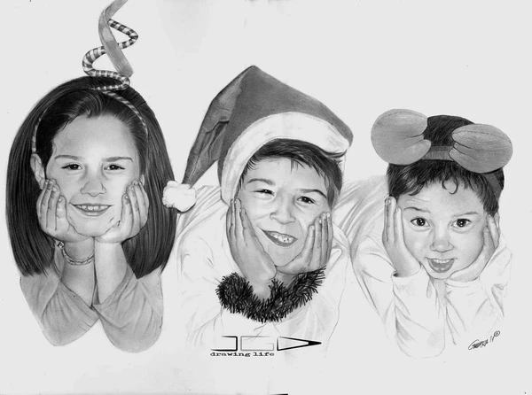 Retrato a lápiz de hermanos en navidad