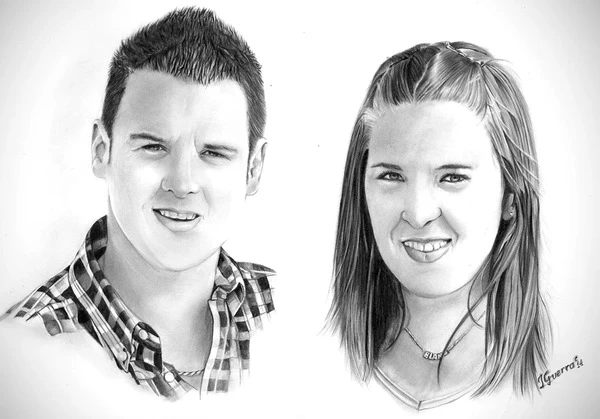 Retrato a lápiz de pareja de novios Iván y Blanca