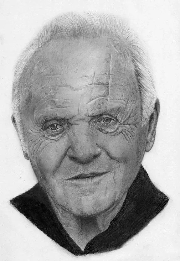 Retrato a lápiz hiperrealista de Anthony Hopkins