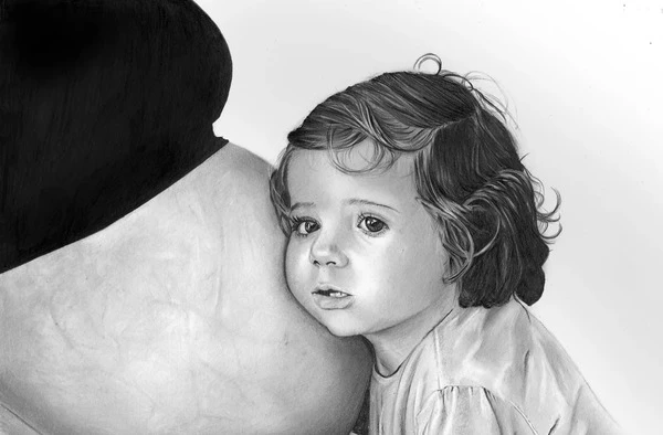 Retrato a lápiz de Amaya y su mamá embarazada