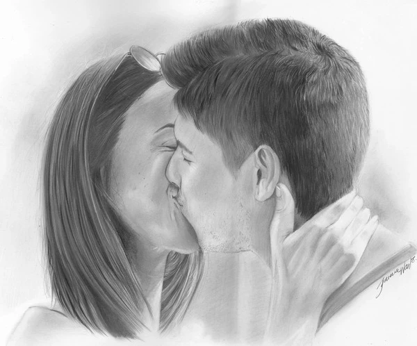 Retrato a lapiz de beso de pareja
