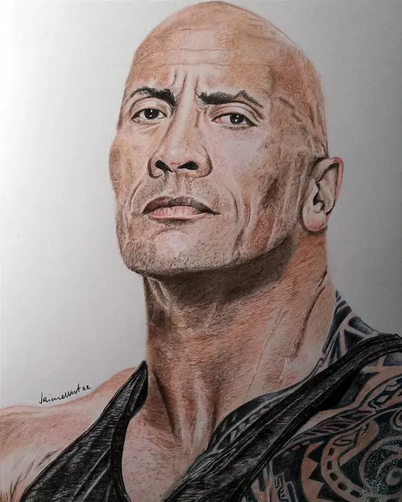 Retrato a lápiz de color de Dwayne Johnson (La Roca)